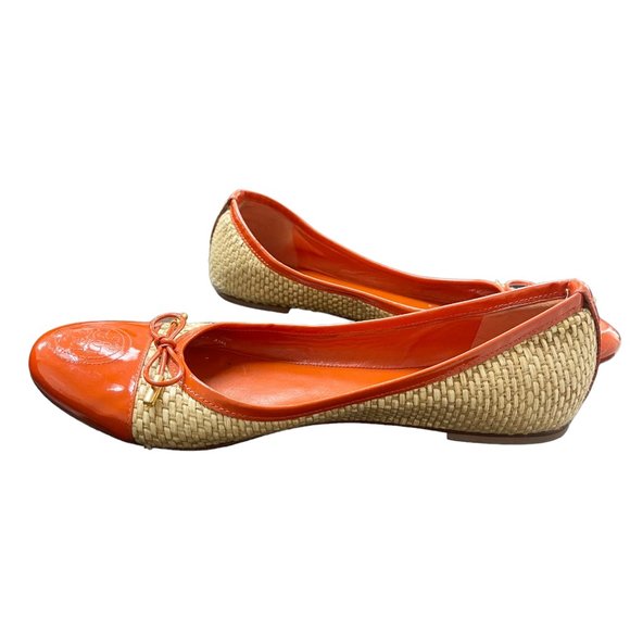 Tory Burch Flats, orange leather & woven rattan, Size 10 - Picture 5 of 6